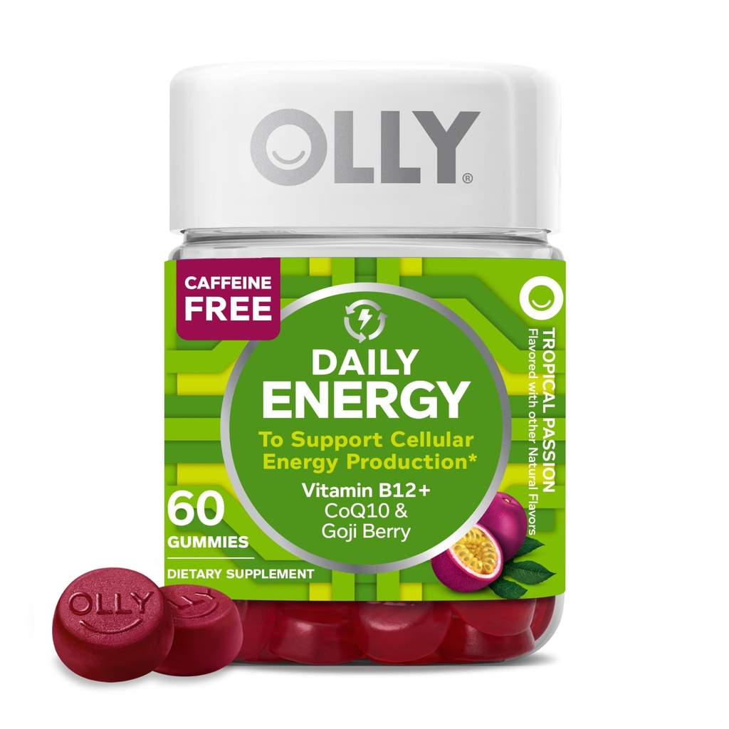 Gummy d'énergie quotidienne OLLY, sans caféine, vitamine B12, CoQ10, Goji Berry, supplément à croquer pour adultes, saveur tropicale - 60 comte