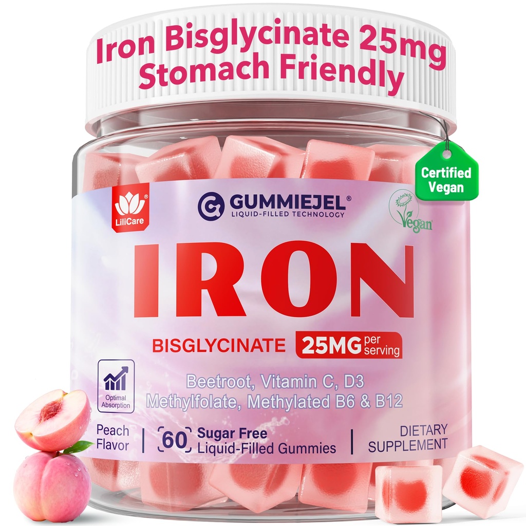 Integratore di ferro vegano per le donne 25mg, Gummie di ferro senza zucchero con vitamina C, Methy B12, Folate per il potenziamento dell'energia, Deficienza di ferro, No After Taste, Peach Flavor - 60 Conte (Pack of 2)