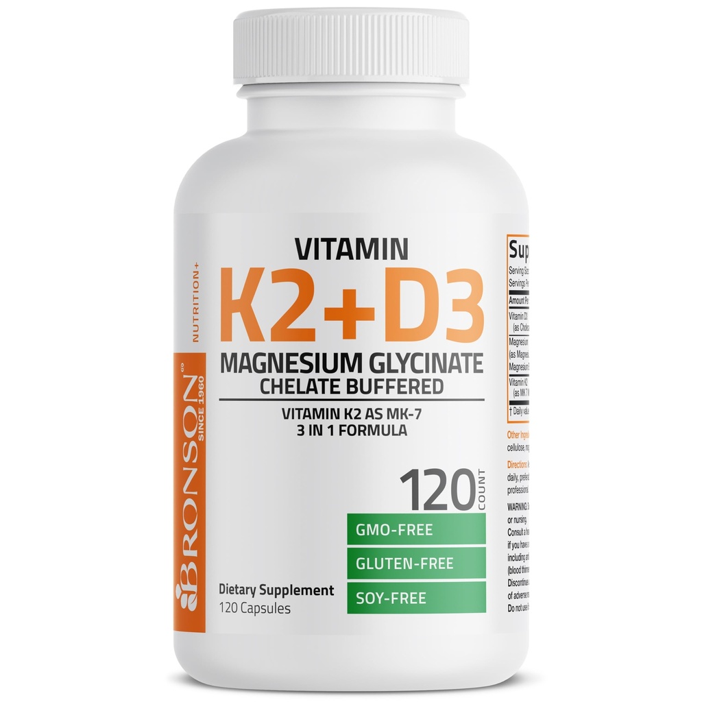 Bronson Vitamin K2 + D3 Magnesium Glycinate, Vitamin K2 as MK-7, 3 in 1 Formula, 120 Capsules