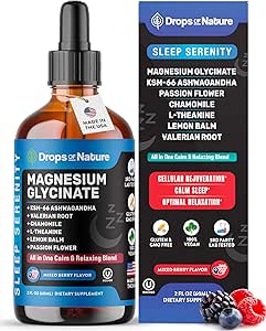 Magnesio Glycinate & Ashwagandha Liquid Drops with Valerian Root, Camomilla, Passion Flower, Lemon Balm & L-Theanine - Vegan Fast Absorption - Supplemento per Wellness & Relax (Mixed Berry, 60mL)