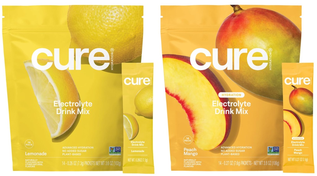 Cure Hydration Bundle | Plant-Based Electrolyte Drink Mix | No Added Sugar | Dehydration Relief Powder Made with Coconut Water | Vegan | 28 Packets - Tropical Punch & Peach Mango