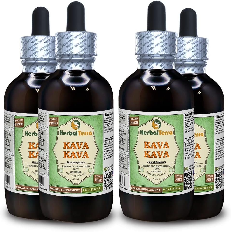 Kava Kava (Piper Methysticum) Glycerit, Getrockneter Wurzelalkoholfreier Flüssigextrakt (Markenname: HerbalTerra, Proudly Made in USA) 4x4 fl.oz (4x120 ml)