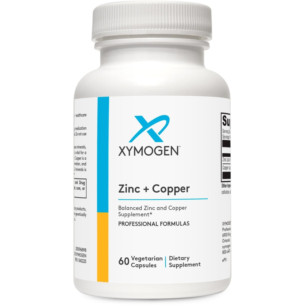XYMOGEN Zinc + Copper - Essential Trace Mineral Supplement for Immune System & Enzymatic Support - Balanced Zinc & Copper Formula - 60 Capsules