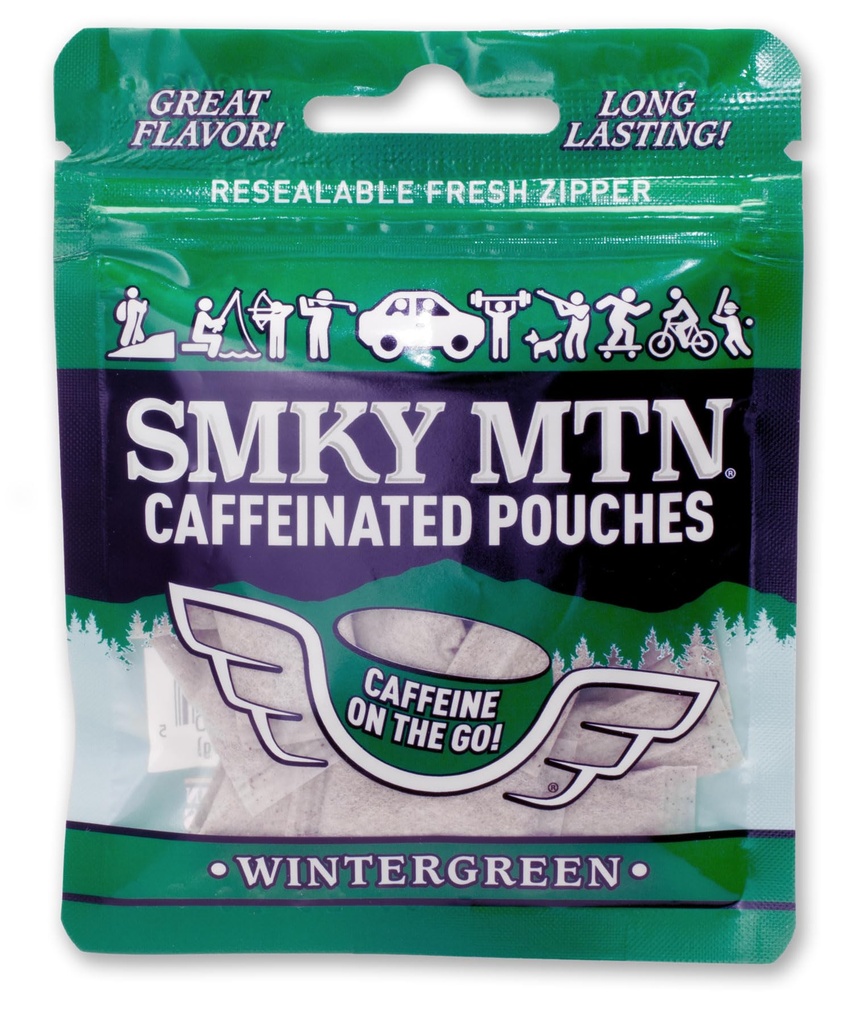 SMOKEY MOUNTAIN Caffeinated Pouches - Wintergreen - Tobacco Free and Nicotine Free - 15 Pouches Per Pack - 5 Packs