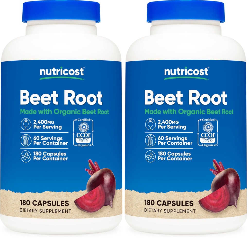 Nutricost Beet Root 2400mg, 180 Capsules - CCOF Certified Made with Organic Beet Root, Superfood, 60 Servings (Pack of 2)