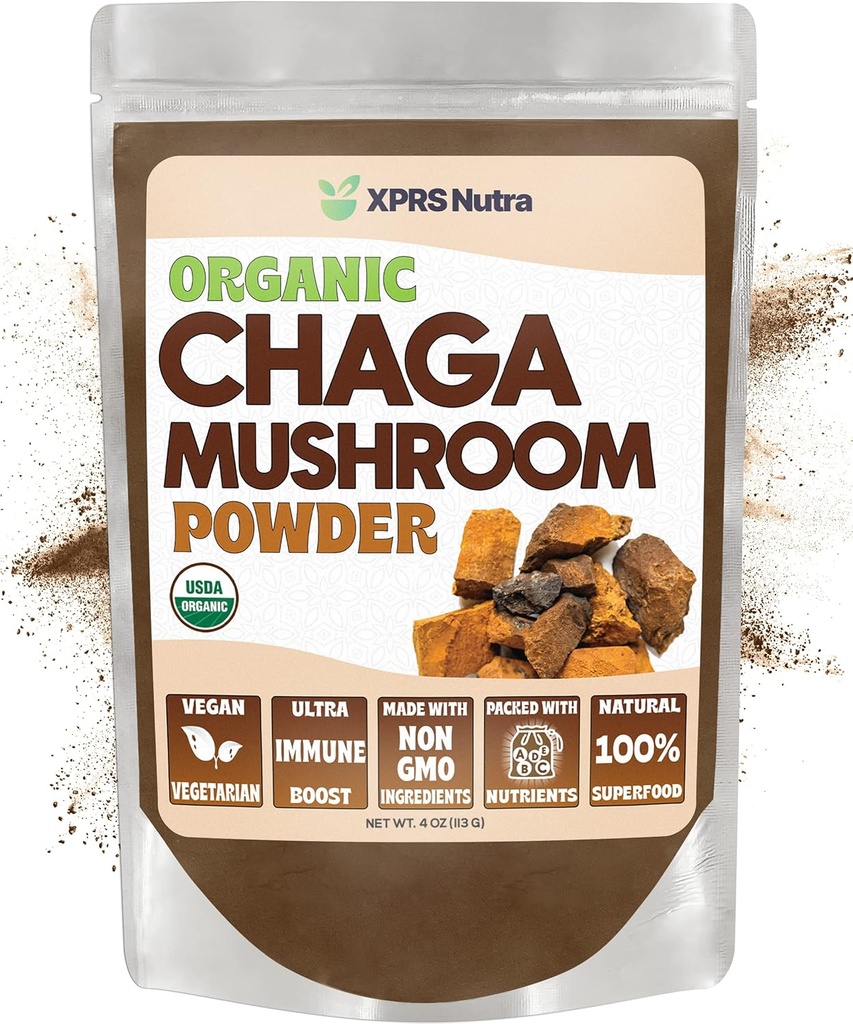 XPRS Nutra Organic Chaga Pilzpulver - Premium USDA Organic Chaga Pilze Pulver - Chaga Pulver für Immunität - Vegan Friendly Superfood für Chaga Tee und Getränke (4 Unze)