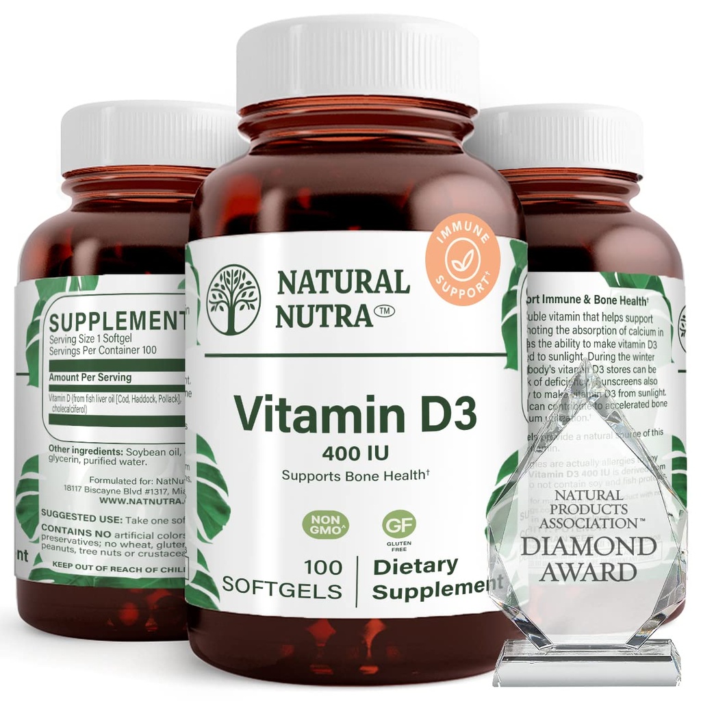 Natürliche Nutra Supreme Vitamin D3 400 IU Softgels, Hilft Immunität zu stärken, Lungengesundheit zu unterstützen, Sonnenschein Vitamin, Hilft, Herz-Kreislauf-Gesundheit zu verbessern, Knochen und Zähne Kraft, Gluten-frei, 100 Softgels
