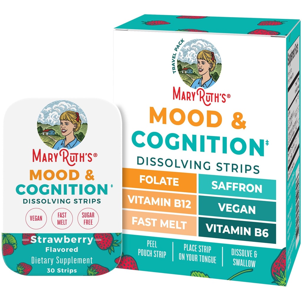 Mood & Cognition Dissolving Strips by MaryRuth's | Vitamin B12 | Vitamin B6 | Saffron | Folate | B Vitamins | Sugar Free | Strawberry Flavor | Vegan | Gluten Free | Dairy Free | 30 Count