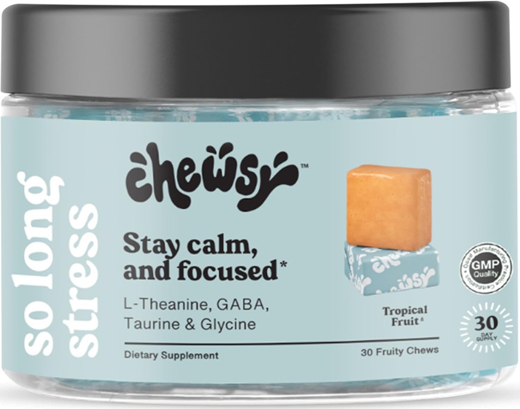 Chewsy Si Long Stress, Calme Fruité Chews, Restez calme et concentré. w/L-théanine, acide amino, GABA, Glycine, Tyrosine, Taurine et Magnésium. Nourriture sans OGM et sans gluten.