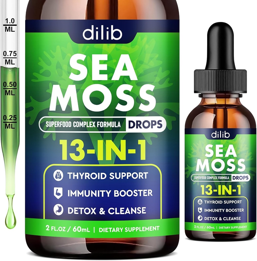 Irish Sea Moss Liquid Drops: 13 in 1 mit schwarzem Seed Oil, Ashwagandha, Tumeric, Multimineral, Vitamin C, E, Unterstützung für Gut-Heath-Energie Haut Immununterstützung & Haare für Frauen und Männer, 2 Fl Oz, Vegan
