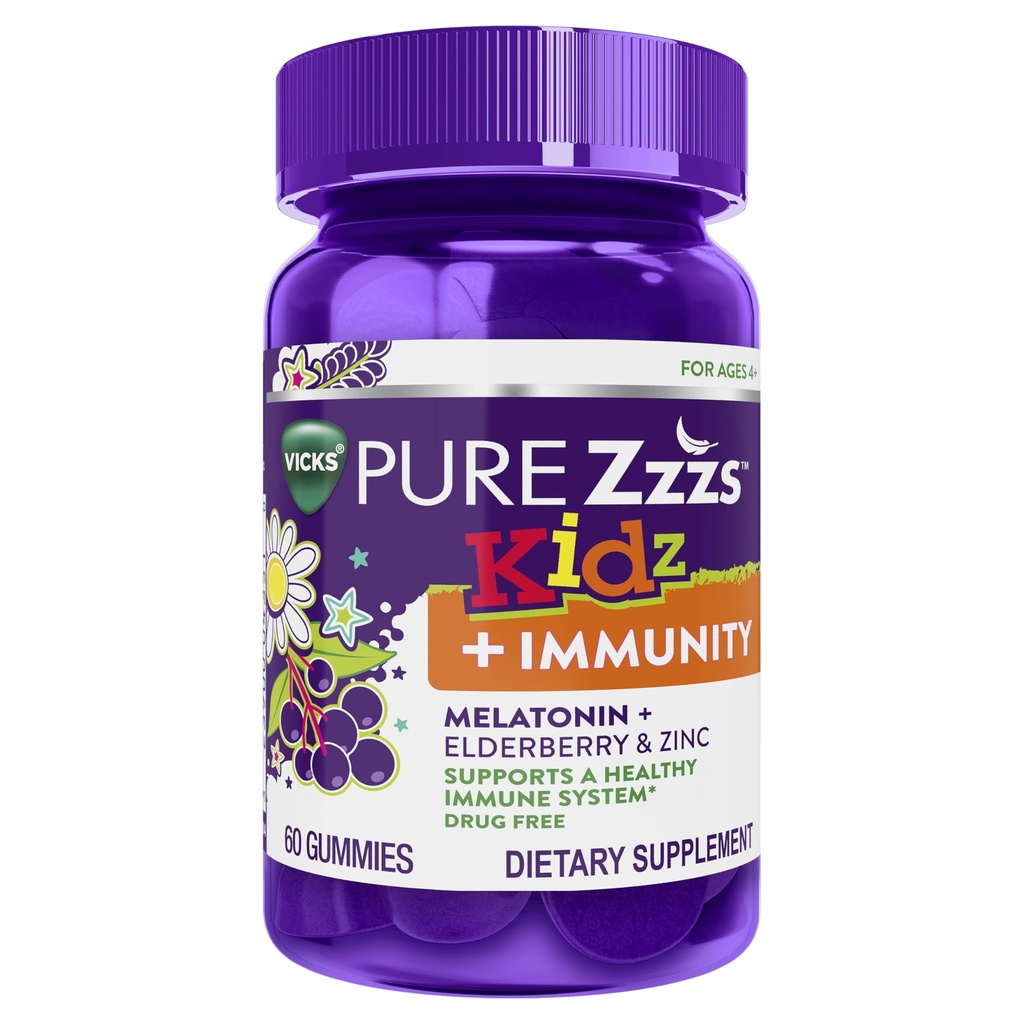 VICKS Pure Zzzs Kidz + Immunity, Kids Melatonin Gummy, Sleep Aid, Low Dose Melatonin for Kids, Zinc for Immune Support, Melatonin 1 mg, Melatonin Gummies Kids, Berry Flavor, 60 Sleep Gummies