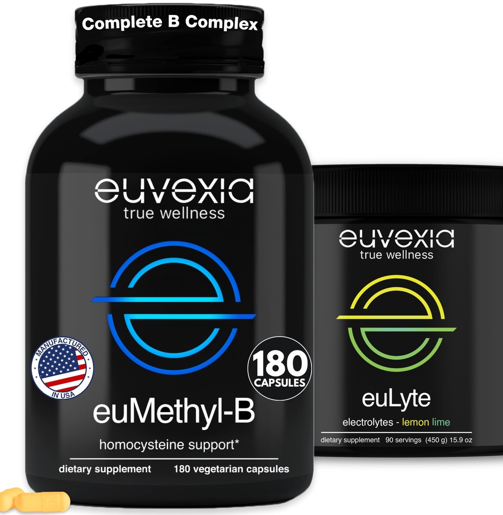 Euvexia euLyte + euMethyl-B Dr Ekberg Electrolytes Powder Drink Mix & Homocysteine Bundle - Lemon Lime Electrolytes (90 Serving) & Active Folate (90 Servings)
