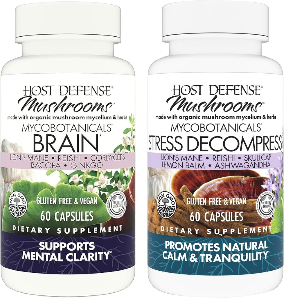 Bundle Difesa Host con capsule MycoBotanicals Brain*, 60 Count & MycoBotanicals Stress Decompress* Capsules, 60 Count - Support Memory & Focus - Support Relax*