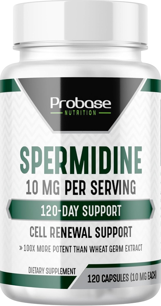 Probase Nutrition Spermidin (10mg von 99% Spermidin 3HCL - Third Party Tested) 120 Kapseln - 100x Mehr Potent Than Wheat Germ Extract, Telomere Health and Aging 120-Day Supply - So effizient wie NMN
