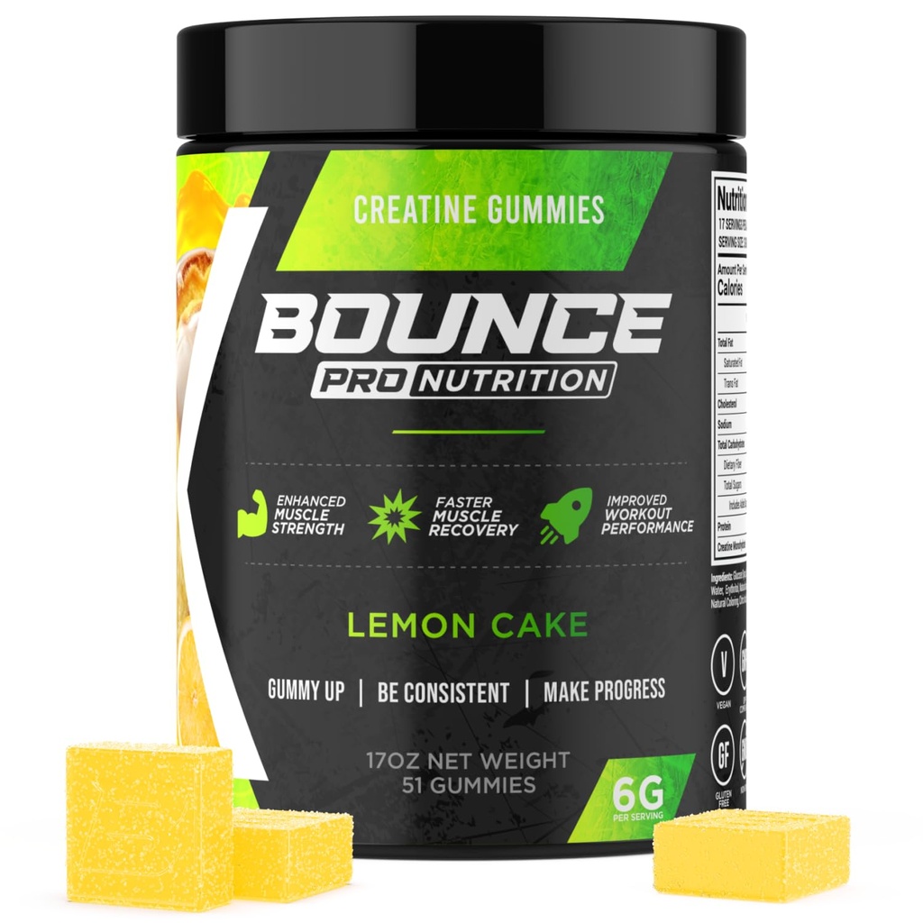 Bounce Pro Creatine Monohydrate Gummies for Men & Women, Low Calorie, 6G of Creatine per Serving, Vegan, Anti-Melting, Gluten-Free, Non-GMO (51 Count (Pack of 1), Lemon Cake)
