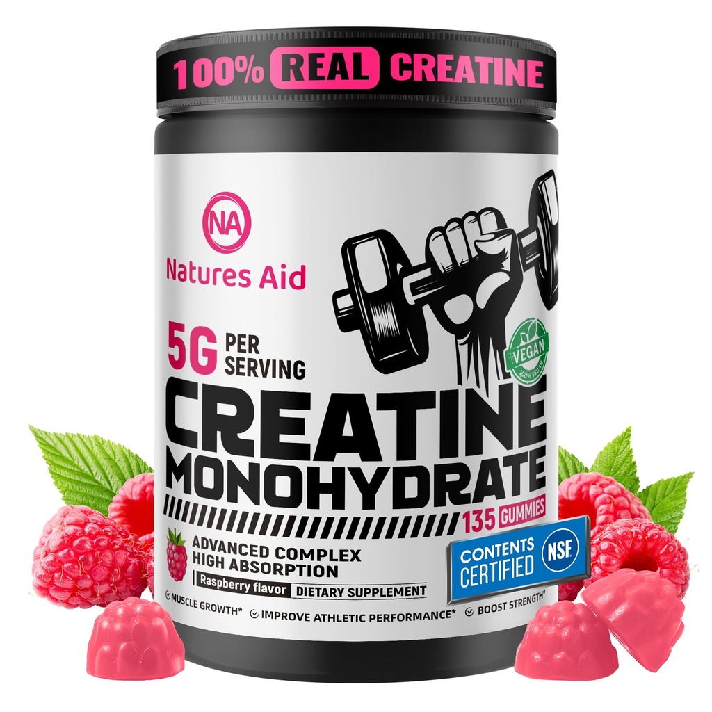 Natures Aid NSF Certified Creatine Gummy 5g - Creatine Monohydrate Gummies – Pre-Workout Energy & Muscle Growth Support for Men & Women | Raspberry Electrolyte Gummies (135 Count)