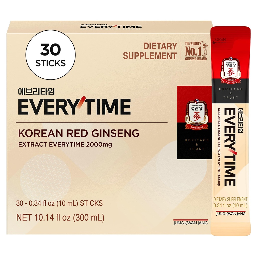 JUNG KWAN JANG Everytime Korean Red Ginseng Extract Stick 2,000mg Signature - Adaptogen Energy Drink, Liquid Stick Supplements with Propolis - Energy Boost & Immune Support, Caffeine Free (30 Sticks)