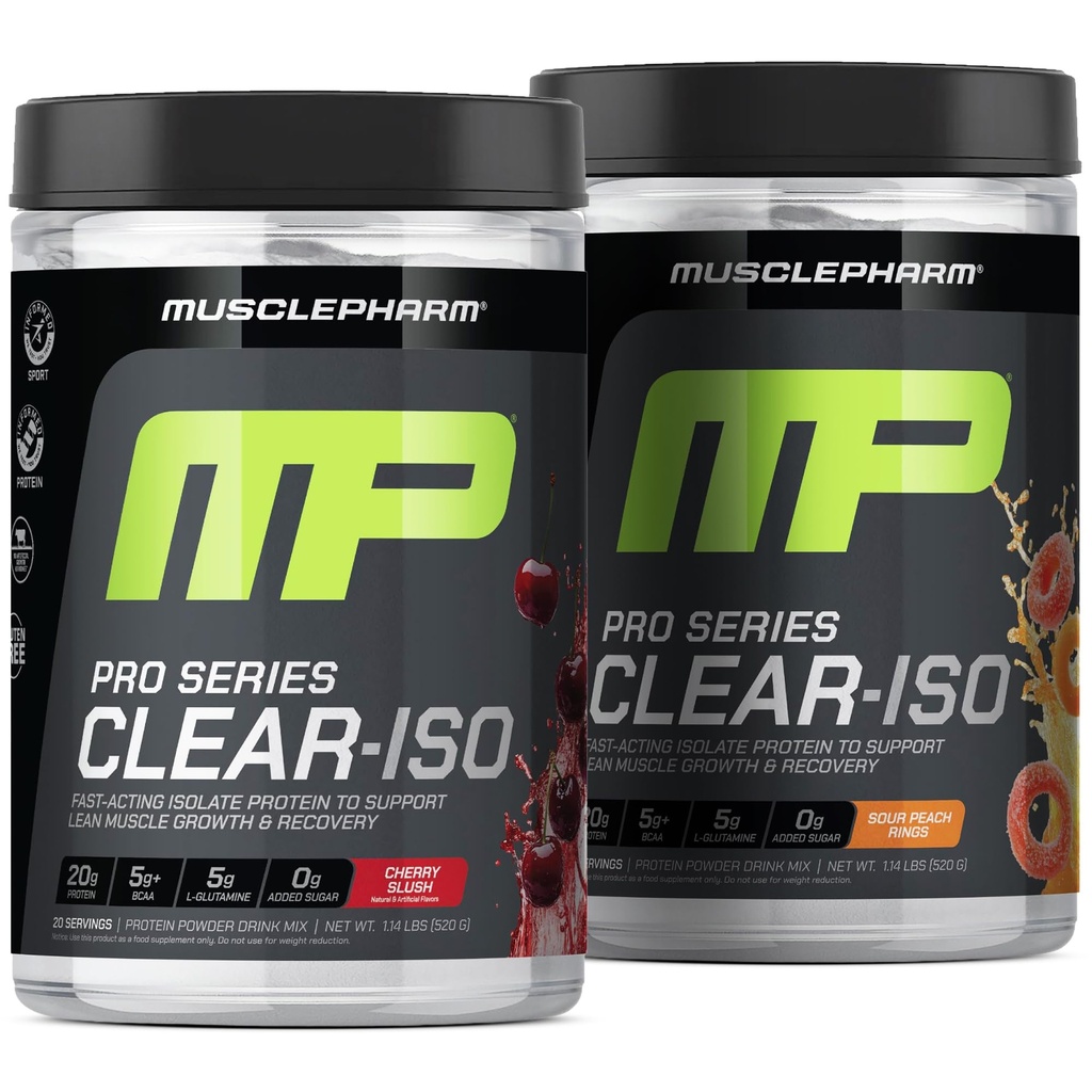 Muscle Pharm Pro Series Clear-ISO Clear Whey Protein Isolate Bundle (Cherry Slush + Sour Peach Rings) | 20g Whey Isolate + BCAAs + EAAs + L-Glutamine (20 Servings Each)