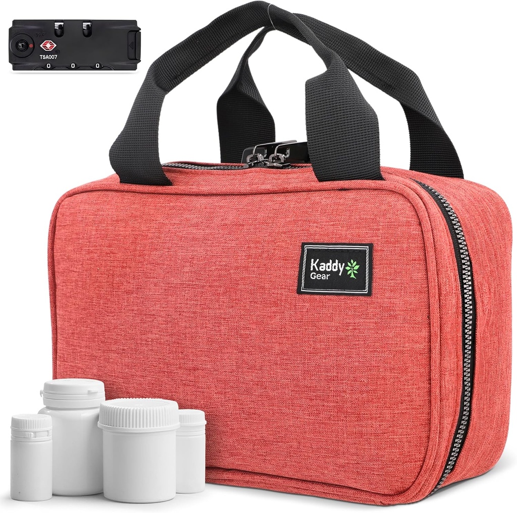 Kaddy Pill Organizer Box, entreposage pour bouteilles de médicaments ou de suppléments; toilette; voyage ou maison, écluse approuvée par la TSA (rouge)