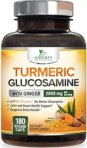 Integratore curcuma curcuma curcuma 2000mg - 95% Curcuminoidi con Glucosamina, Ginger & MSM, BioPerine Pepe Nero per Migliore Assorbimento, Supporto congiunto Vegano di Natura, Non OGM, Bottigliato negli Stati Uniti - 180 Capsule
