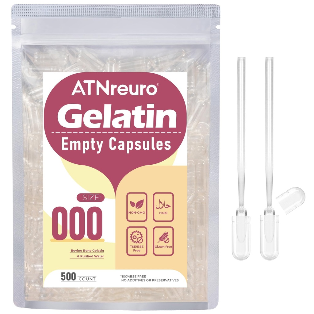 Size 000 Empty Gelatin Capsules with 2 Micro Spoons - 500 Count Empty Clear Capsule - Gel Pill Capsules for Powders Supplements