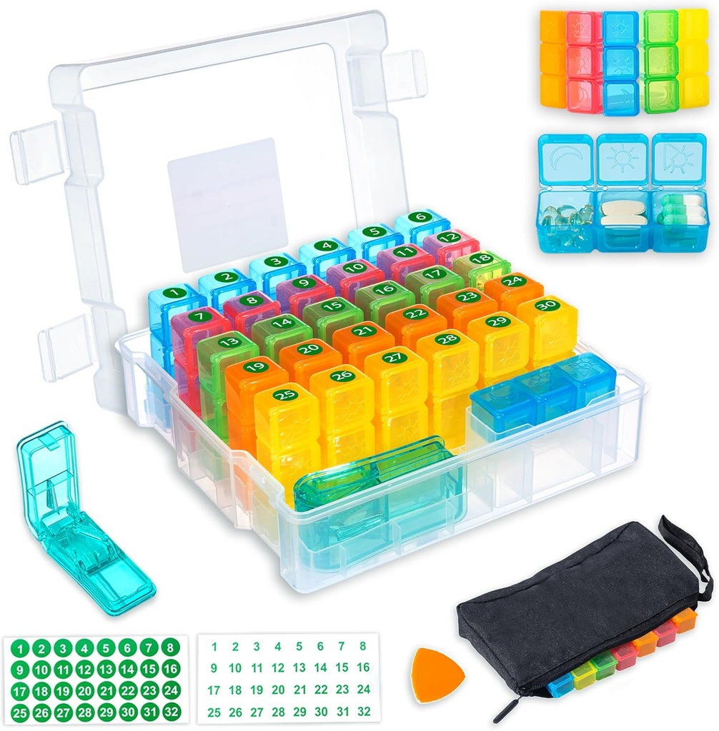 Organisateur mensuel de pilules 3 fois par jour avec boîte étanche de 31 jours, sac à pilules hebdomadaire, cutter à pilules, Stickers, Pick d'ouverture en plastique pour une utilisation facile, Gestion quotidienne pratique des médicaments (blanc)
