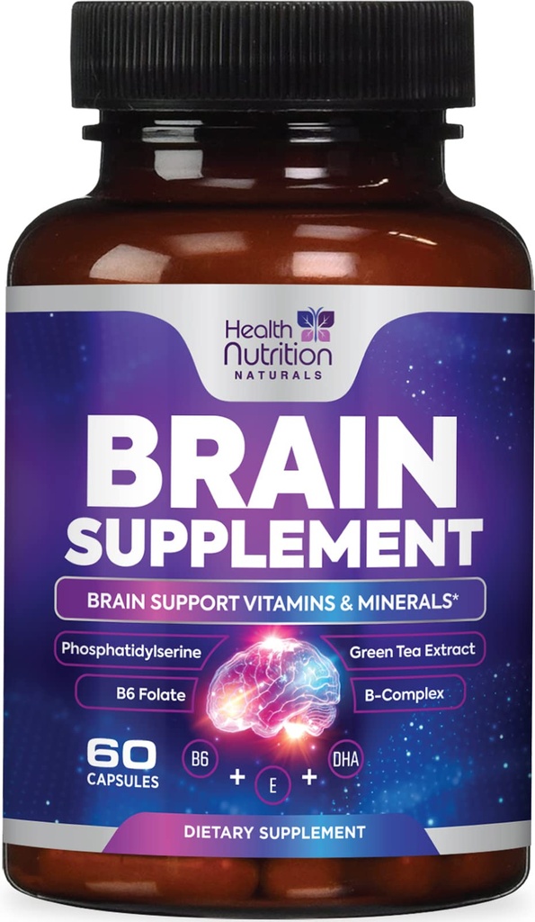 Gehirn-Ergänzungen für Gedächtnis und Fokus - extra Stärke Nootropic Kapseln für Konzentration, Alertness, kognitive Unterstützung - Phosphatidylserine, DMAE, Gehirngesundheit Vitamine B6 C E Zink - 60 Kapseln