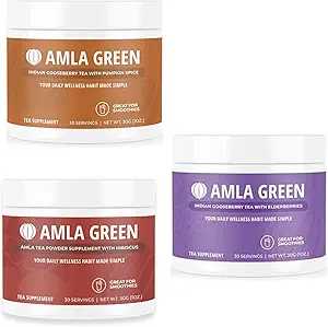Amla Powder, Green Tea Superfood Supplemento con Pumpkin Spice & Hibiscus & Elderberry, Organico, Vegan, 30 Serve