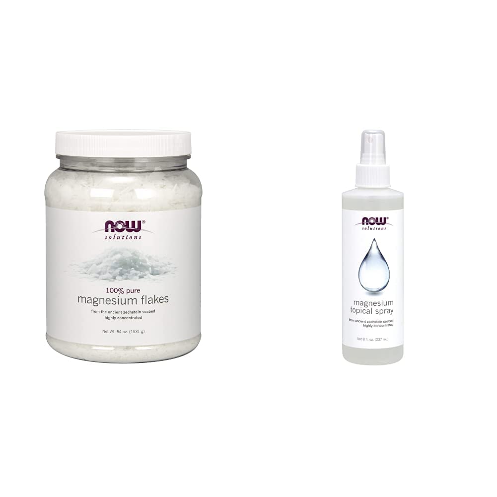 Bundle of NOW Solutions, Magnesium Flakes, 100% Pure, from The Ancient Zechstein Seabed, 54-Ounce + NOW Solutions, Magnesium Topical Spray, from The Ancient Zechstein Seabed, 8 Fl Oz