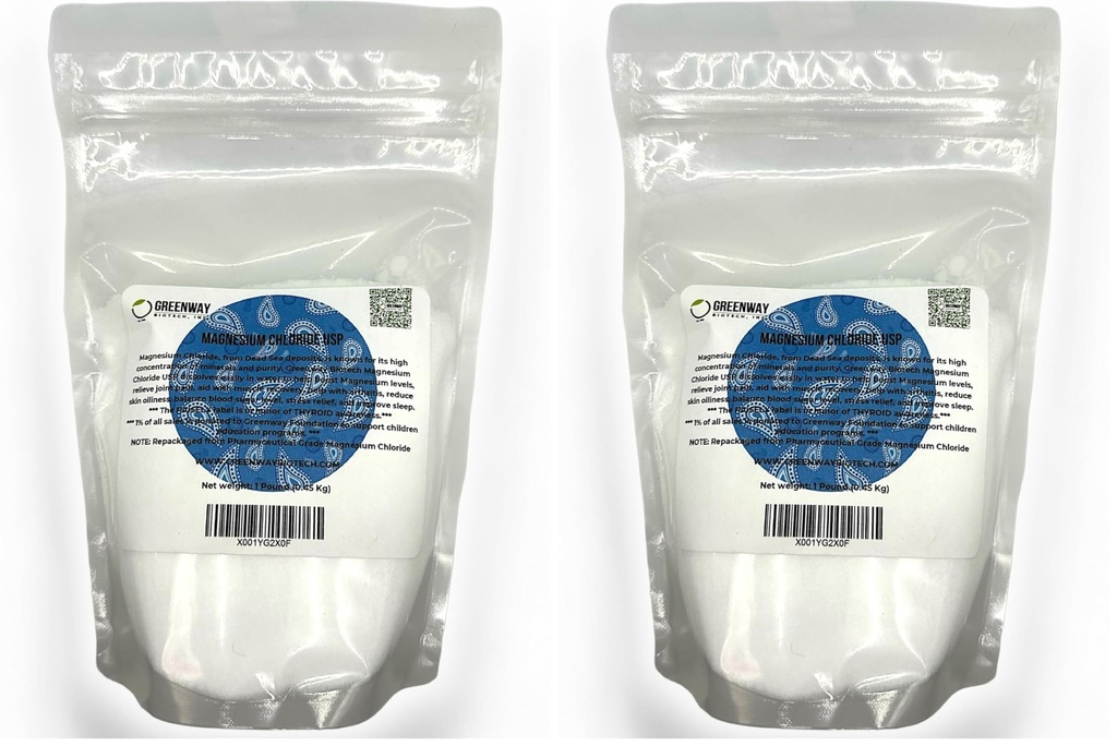 Greenway Biotech, Inc. Organic Magnesium Chloride USP Supplement 100% Edible Cloruro de Magnesio Comestible Powder (Pharmaceutical Grade) | Pure Ph. EUR., BP, USP | 1 Pound (Pack of 2)