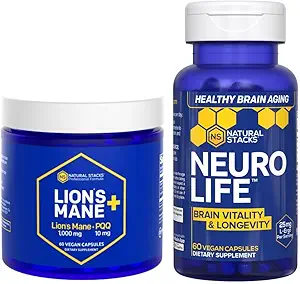 NATURAL STACKS Lions Mane+ Mushroom + NeuroLife Supplement Bundle - Supporta memoria, vitalità e longevità - 120 capsule totali