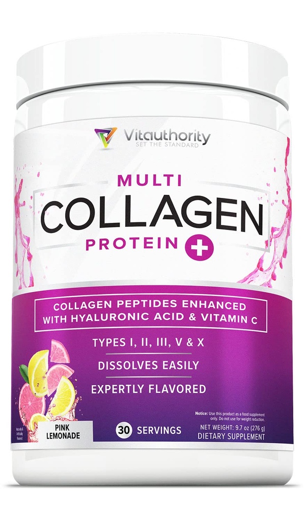 Multi Collagen Peptide Pulver für Frauen - hydrolysiertes flammenförmiges Kollagenpulver für Frauen mit Typen I II III V & X Vitamin C & Hyaluronsäure für Haarhaut und Nägel (Pink Lemonade) - 30 Servierungen