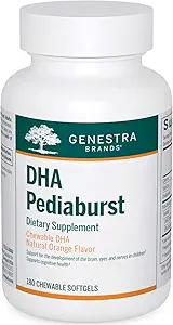 Genestra Marken DHA Pediaburst | Kaubare DHA Ergänzung | 180 Kaubare Softgele | Natürliche Orange Geschmack