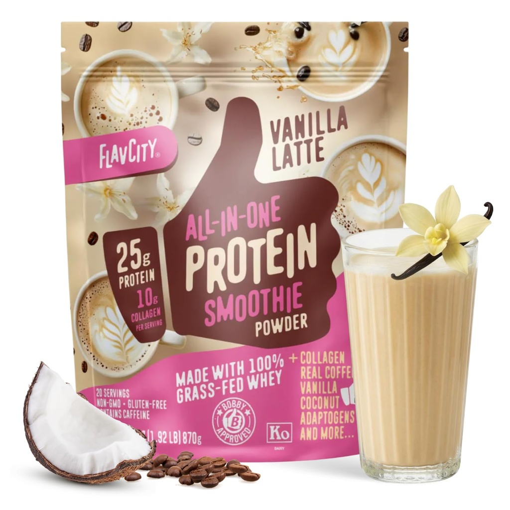 FlavCity Grass Fed Whey Protein Powder - Vanilla Latte - 25g Protein, 10g Collagen & 60mg Koffein - Hergestellt mit Real Vanilla Bean & Organic Coconut - Glutenfrei & No Added Sugars (20 Portionen)