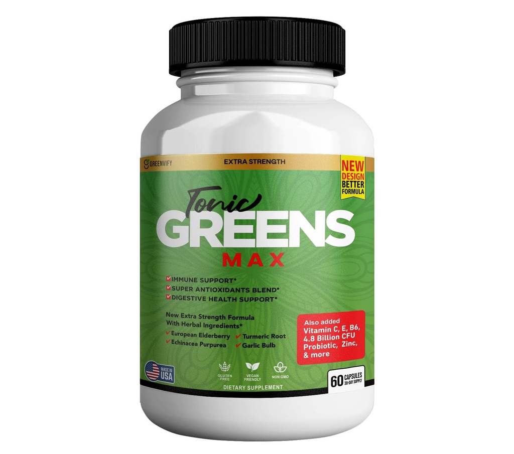 Tonic Greens Max, Extra Strength Immune Support Supplement, 60 Capsules, with Elderberry, Turmeric, Probiotics (1)
