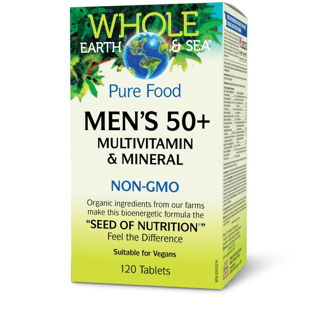 Fattori naturali Tutta la Terra & Mare Uomini 50+ Multivitamina & Mineral - Supporto nutrizionale giornaliero Multivitamina - Supporta la salute del cervello & Immune System Funzione - Vegan - 120 compresse (60 Serve)