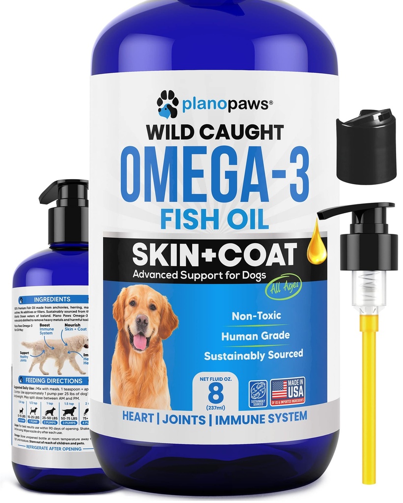 Olio di pesce Omega 3 per cani - Meglio di olio di salmone - Supplemento di olio di pesce del cane per ridurre il taglio e il prurito - Supporta giunti, cervello e salute del cuore - Supplemento di pelle e cappotto - Olio di pesce liquido