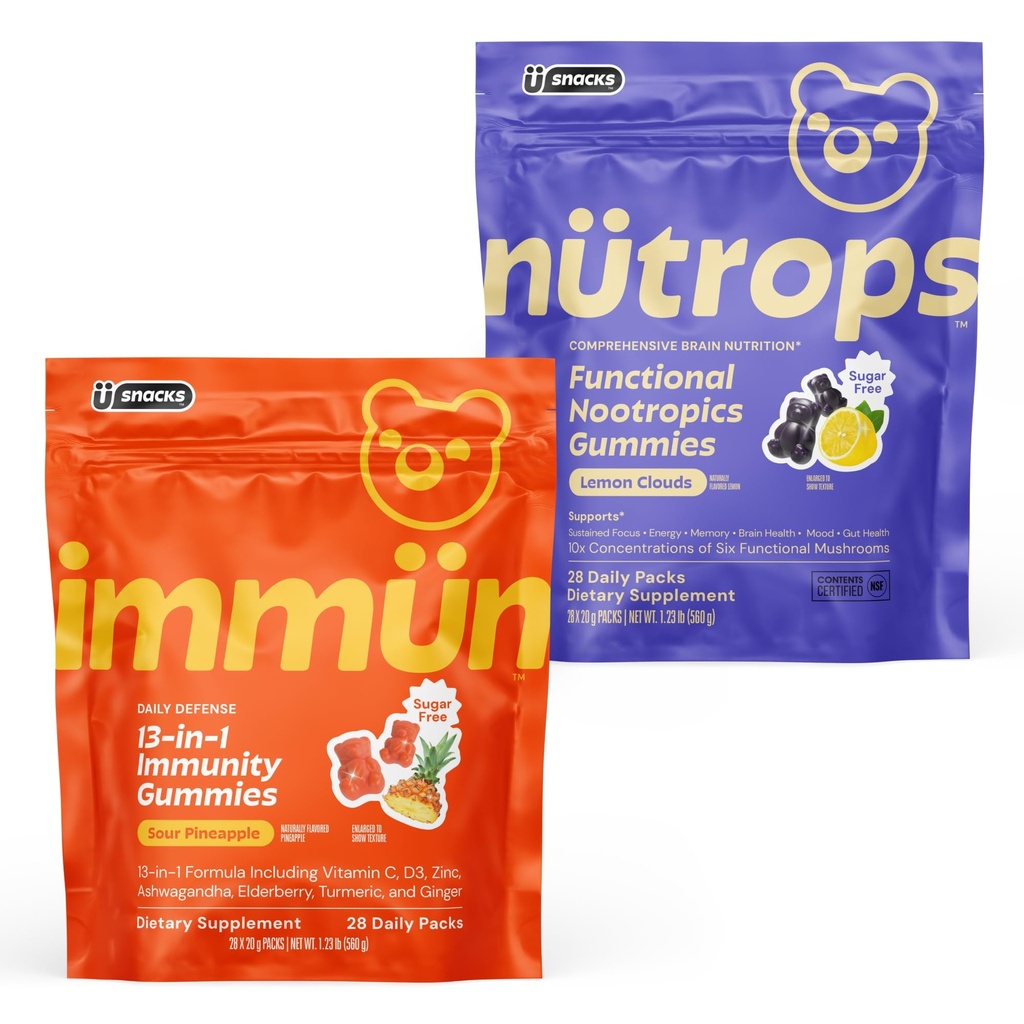 Grüns Sugar Free Immunity Gummies & Lions Mane Mushroom Gummies Bundle - Brain & Immune Support Supplement