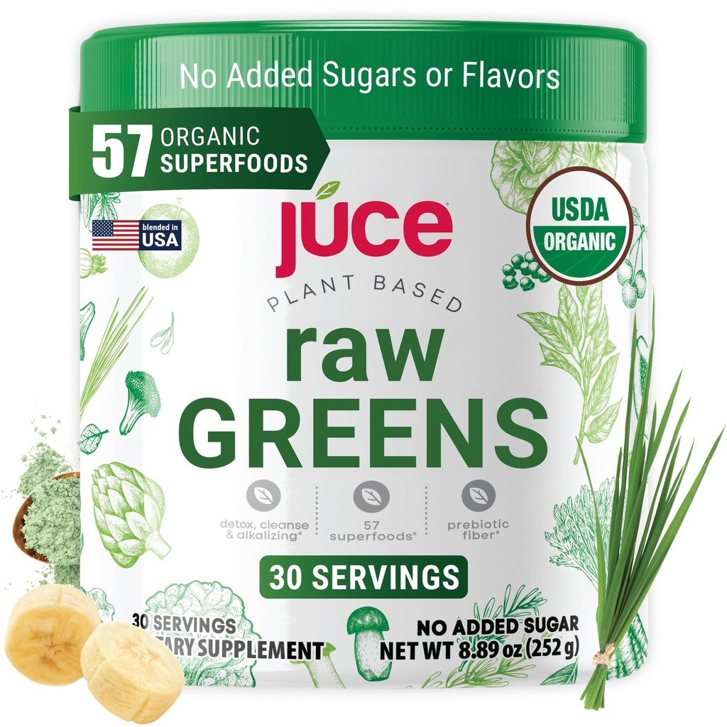Juce Raw Greens Superfood Powder | 57 Organic Superfoods with Prebiotic Fiber, Probiotics & Digestive Enzymes | 6 Organic Mushrooms | No Added Colors, Sugars or Fillers | 30 Servings