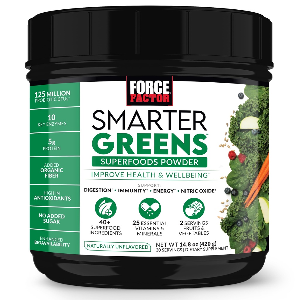 Force Factor Smarter Greens Superfoods Powder to Support Digestion and Bloating, Immunity, and Energy, Greens Powder with Probiotics, Digestive Enzymes, Antioxidants, and Fiber, 30 Servings