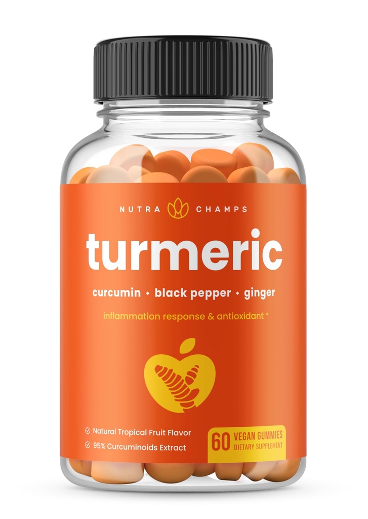 NutraChamps Gummies Turmeric per adulti e bambini con Ginger & Black Pepper Extract, 95% Curcuminoids, Vegan Natural Curcumin Joint Support Supplement, Tumeric Gummy Supplements