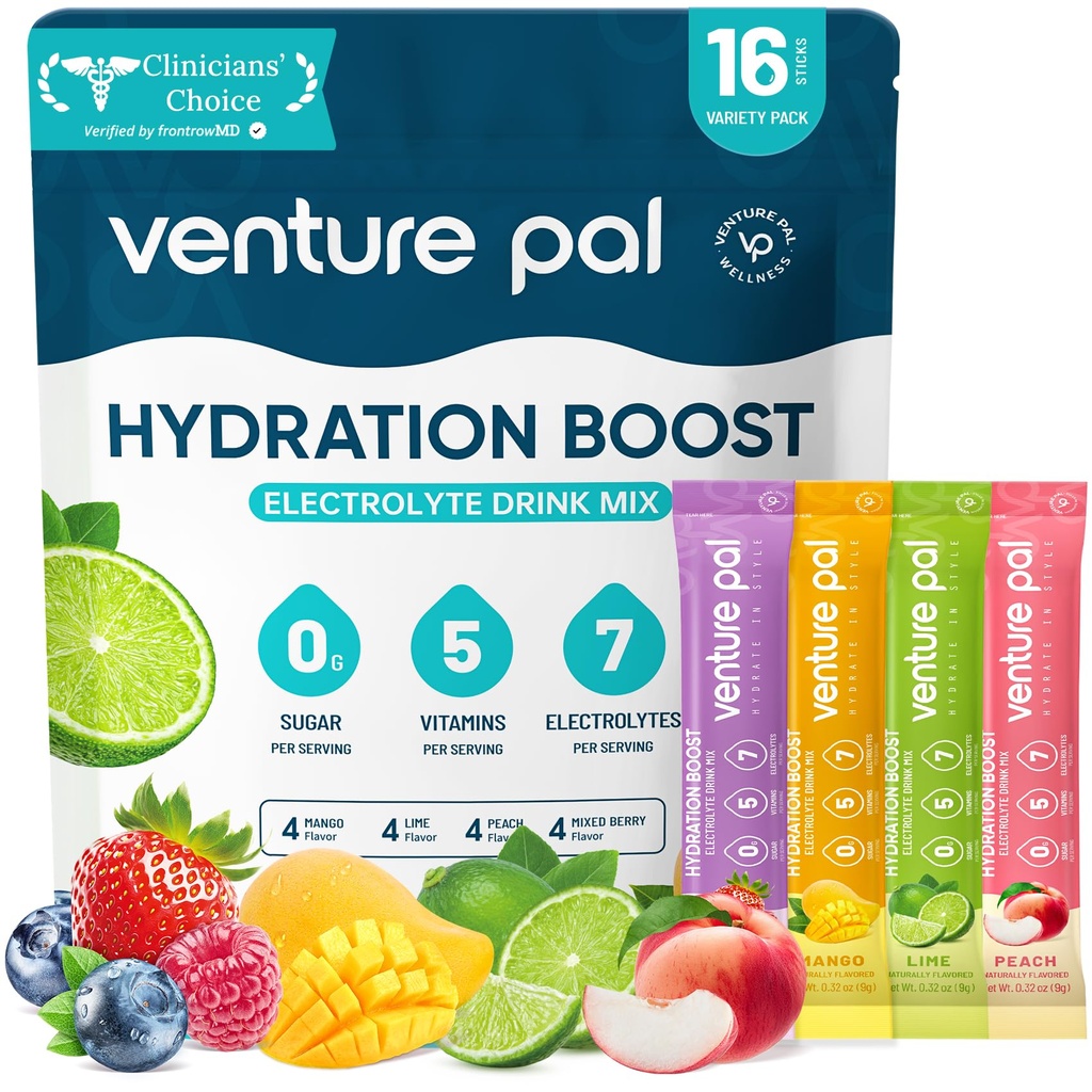 Venture Pal Sugar Free Electrolyte Powder Packets - Liquid Daily IV Hydration Packets | Electrolytes Drink Mix with 5 Vitamins & 7 Electrolytes | Keto Friendly | Non-GMO | Certified Vegan | 16 Sticks