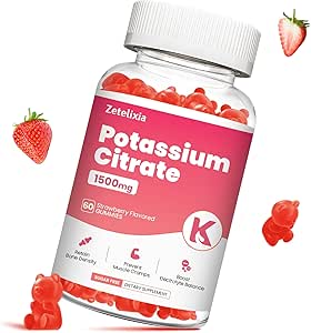 Gummie di potassio per adulti donne e uomini, supplemento di citrato di potassio, Crampe di sostegno della gamba, salute del muscolo & equilibrio dell'elettrolita, senza zucchero, biologico, vegano, fragola, 60 Cts