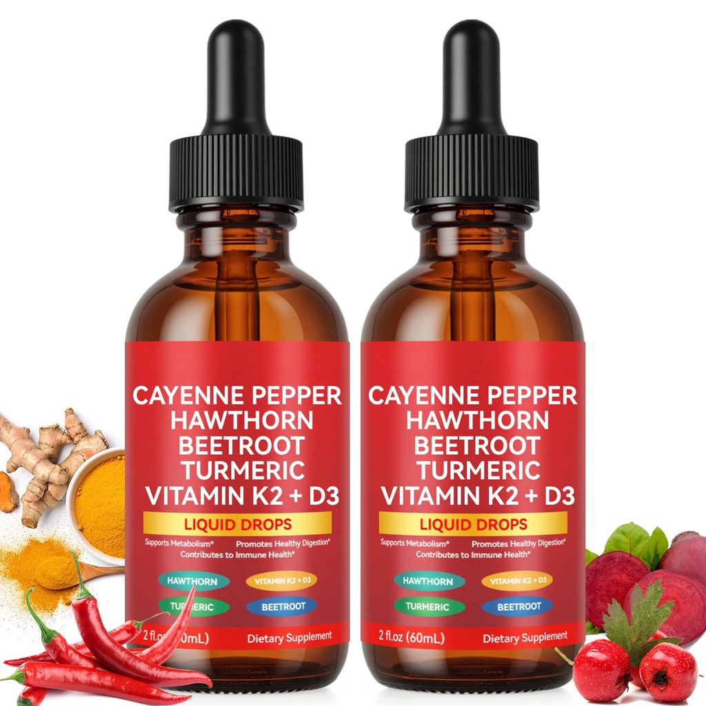2 Pack Cayenne Pepper Drops, Liquid Cayenne Pepper Organic, Cayenne Health Supplements, Cayenne Pepper Hawthorn Beet Root Turmeric Curcumin, Vitamin K2 & D3, Vegan-Friendly