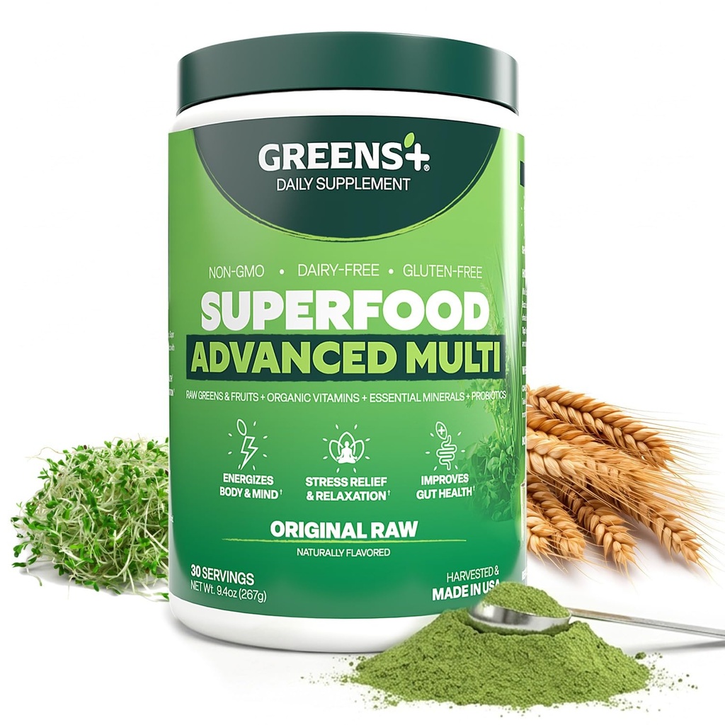 Greens+ Advanced Multi Raw Superfood | Blend essenziale di alimenti crudi, superfrutteti e verdure marine Polvere | Vegan | Integratore alimentare | Non OGM, Latticini di soia & Gluten-Free | Size 9.4oz