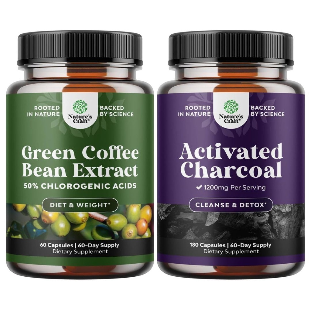 Bundle di Estratto di chicco di caffè verde puro per la salute del cuore antiossidante Focus mentale e riduzione delle dimensioni e Cleanse e Detox capsule di carbone attivate per Bloating Relief e Body Detox Cleanse