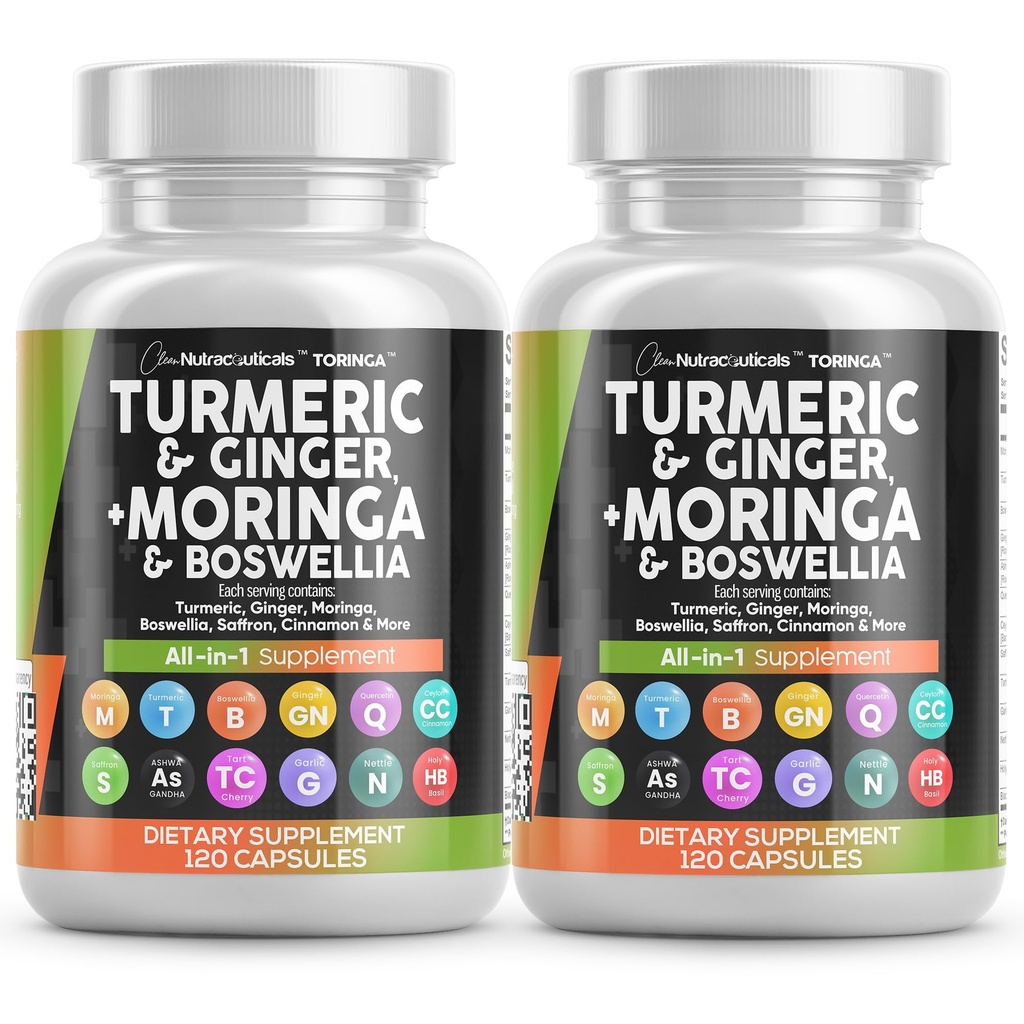 Supplément de Moringa Turcuma de Ginger Boswellia Safran - Supplément pour les femmes et les hommes avec Ceylan Cinnamon, Tart Cherry, Quercetin Ail Nettle Holy Basil - 2Pack