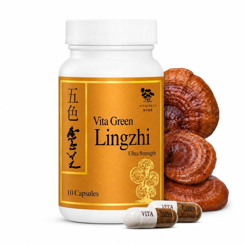 Vita Green Lingzhi Mushroom Supplement (五色靈芝) – Pure Reishi with Natural Antioxidants for Wellness, Energy, and Immune Support for Men & Women – 10 Capsules