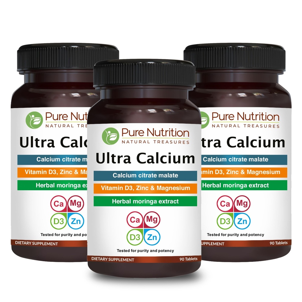 Pure Nutrition Ultra Calcium 1000mg con VIT D3 + K2 | 270 Tabs (90 X Confezione da 3) | Supplemento Calcium altamente assorbibile con Calcium Citrate Malate, VIT D3, K2, Moringa Oleifera, Magnesio e Zinco.