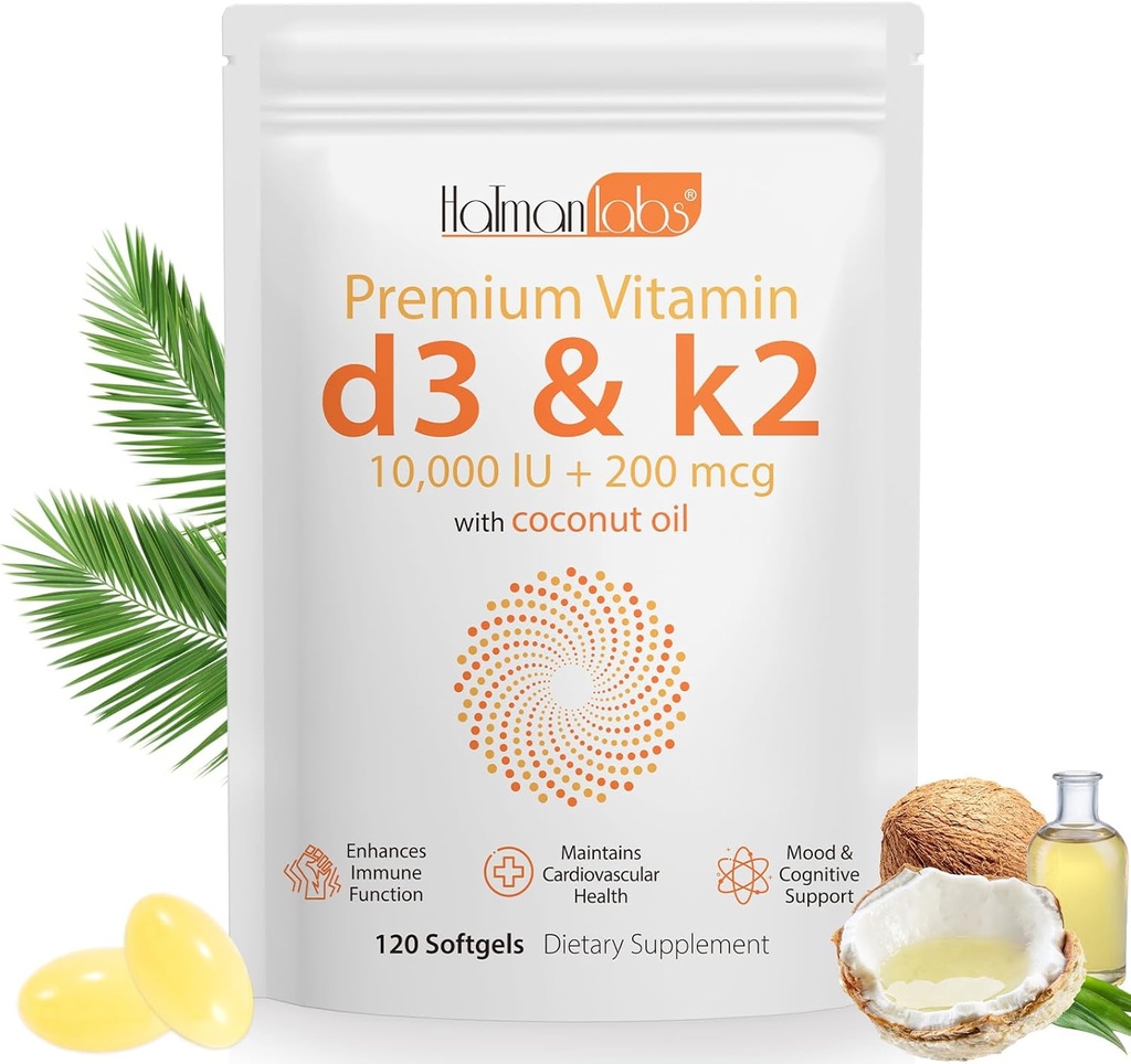 Vitamin D3 K2 Supplement Softgel,2-in-1 Micro Ingredients Vitamin D3 10000 IU + 200 MCG Vitamin K2,Koconut Oil Softgels,GVOfrei, Supplement Softgel (120Pcs)